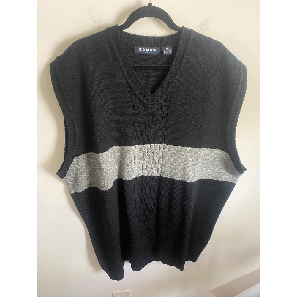 Koman Sport Mens 4X Sweater Vest Black Grey Colorblock Cable Knit V-Neck Vintage